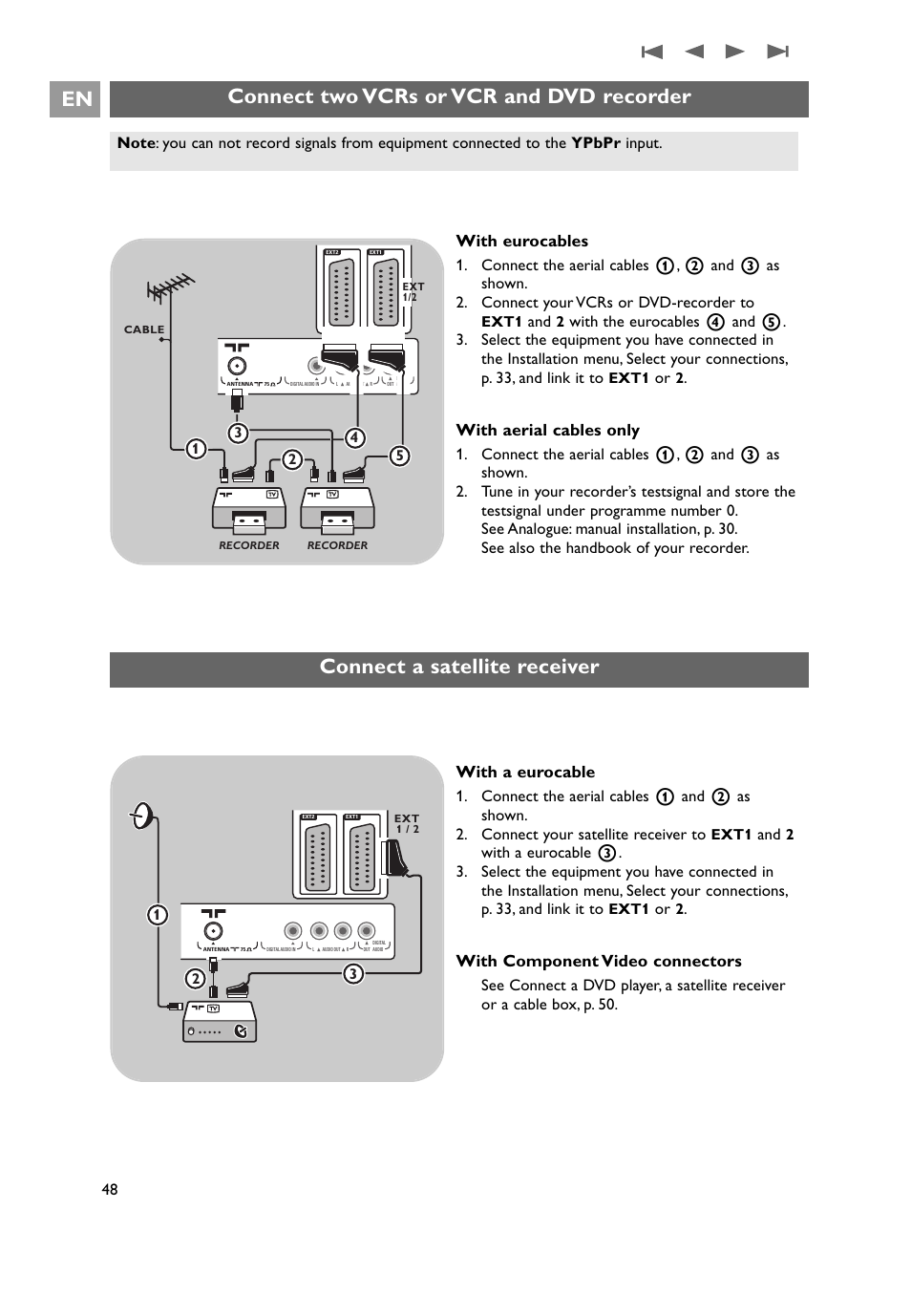 Connect two vcrs or vcr and dvd recorder en, Connect a satellite receiver, With eurocables | With aerial cables only, With a eurocable, With component video connectors | Philips 32PF9641D/10 User Manual | Page 48 / 66