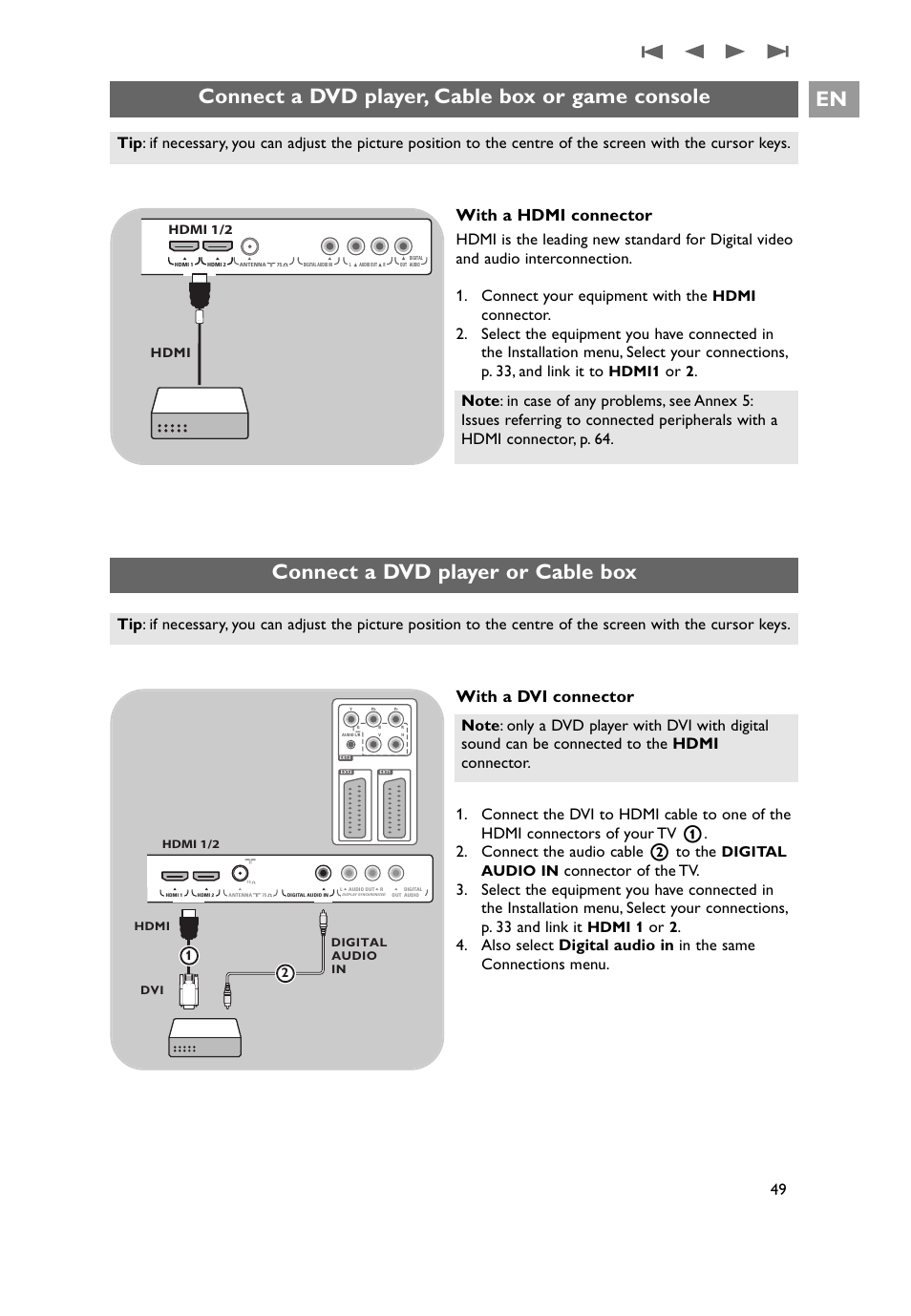 Connect a dvd player, cable box or game console en, Connect a dvd player or cable box, With a hdmi connector | With a dvi connector, Hdmi, Hdmi1, Digital audio in, Hdmi 1, Hdmi 1/2 hdmi | Philips 32PF9641D/10 User Manual | Page 49 / 66