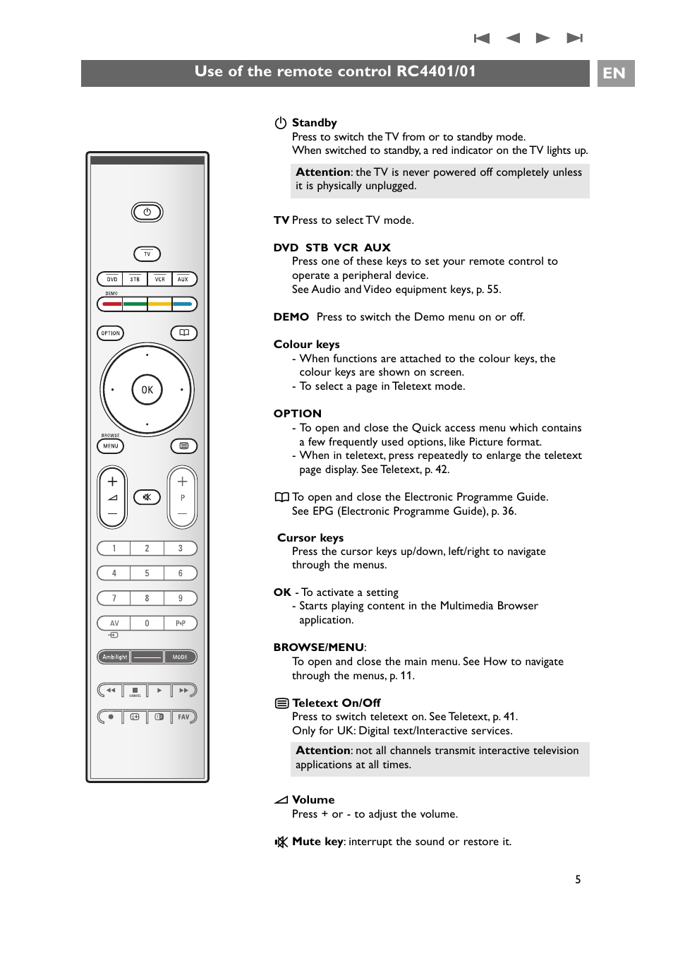 Use of the remote control rc4401/01 | Philips 32PF9641D/10 User Manual | Page 5 / 66