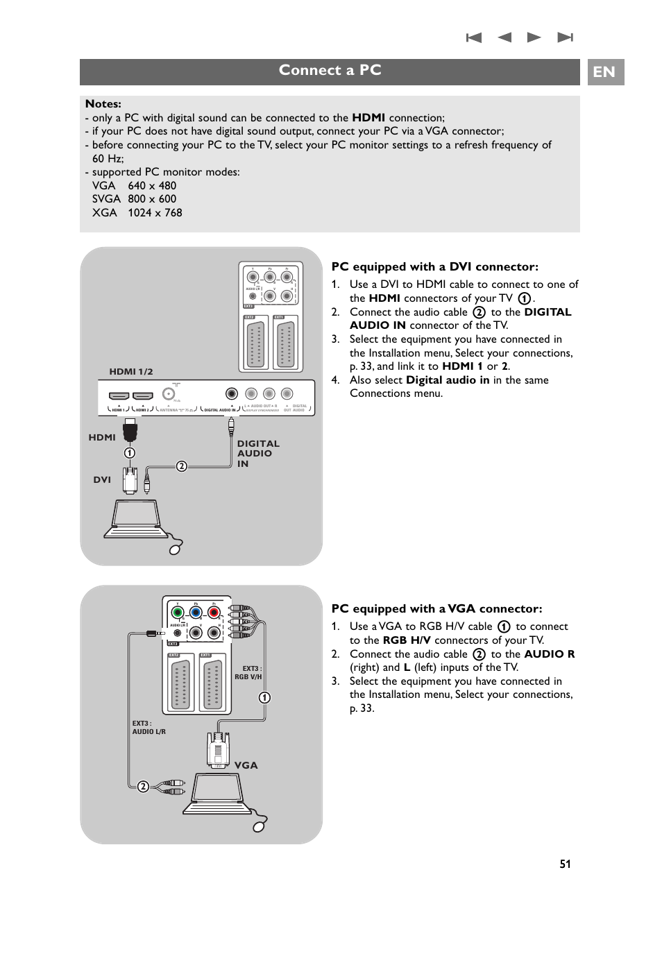 A pc, Connect a pc en, Pc equipped with a dvi connector | Pc equipped with a vga connector, Use a dvi to hdmi cable to connect to one of the, Use a vga to rgb h/v cable 1 to connect to the, Right) and, Hdmi, Digital audio in, Hdmi 1 | Philips 32PF9641D/10 User Manual | Page 51 / 66