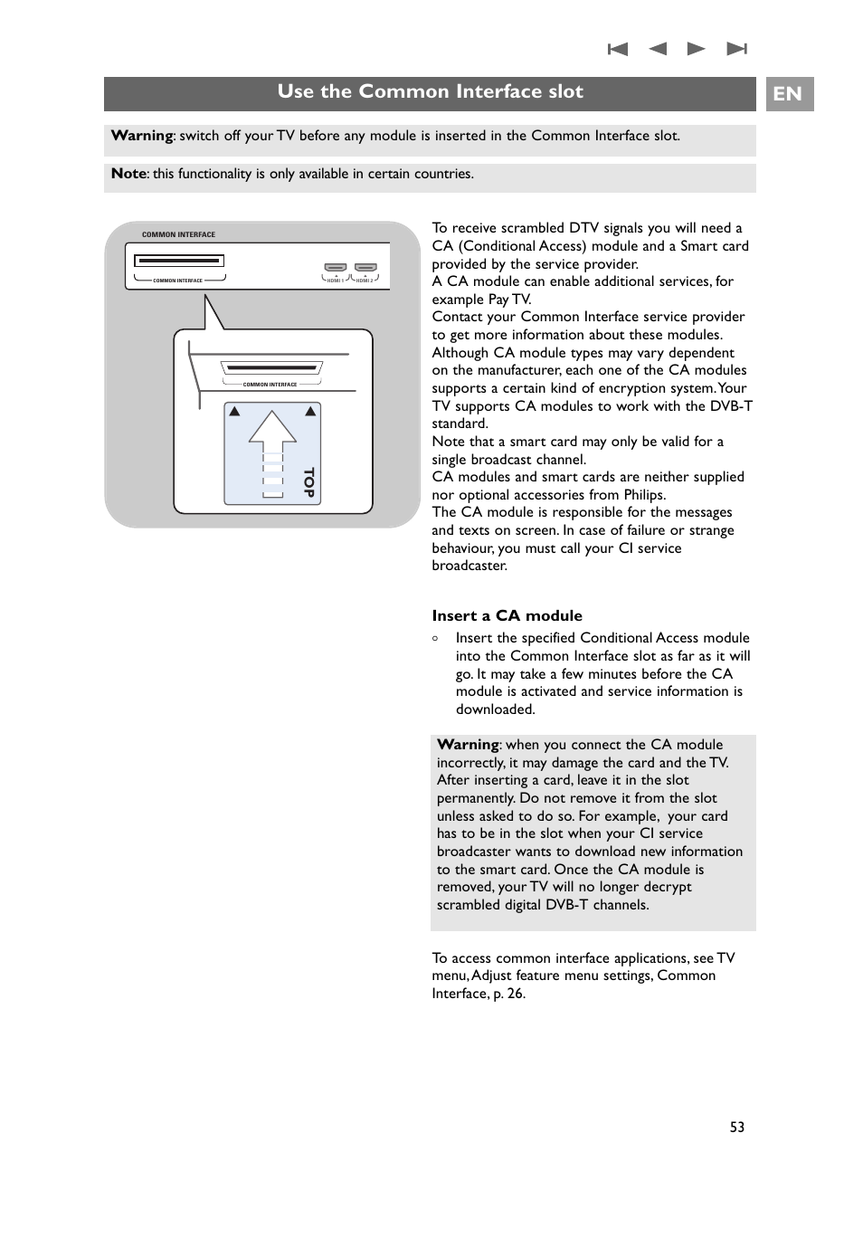 Use the common interface slot, Use the common interface slot en, Insert a ca module | Philips 32PF9641D/10 User Manual | Page 53 / 66