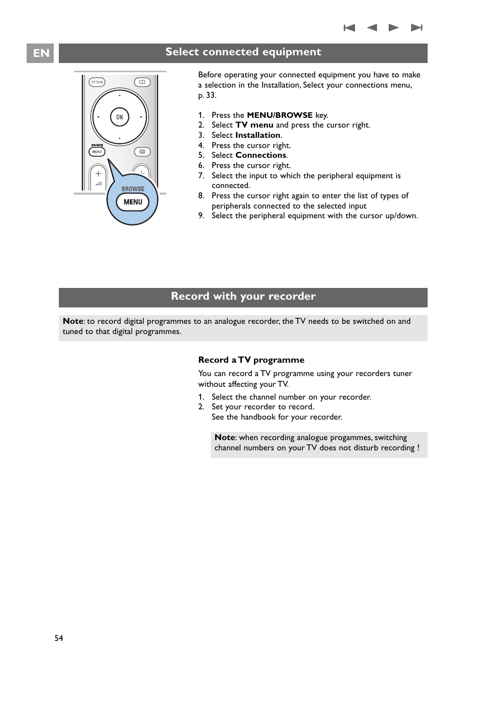 Select connected equipment en, Record with your recorder | Philips 32PF9641D/10 User Manual | Page 54 / 66