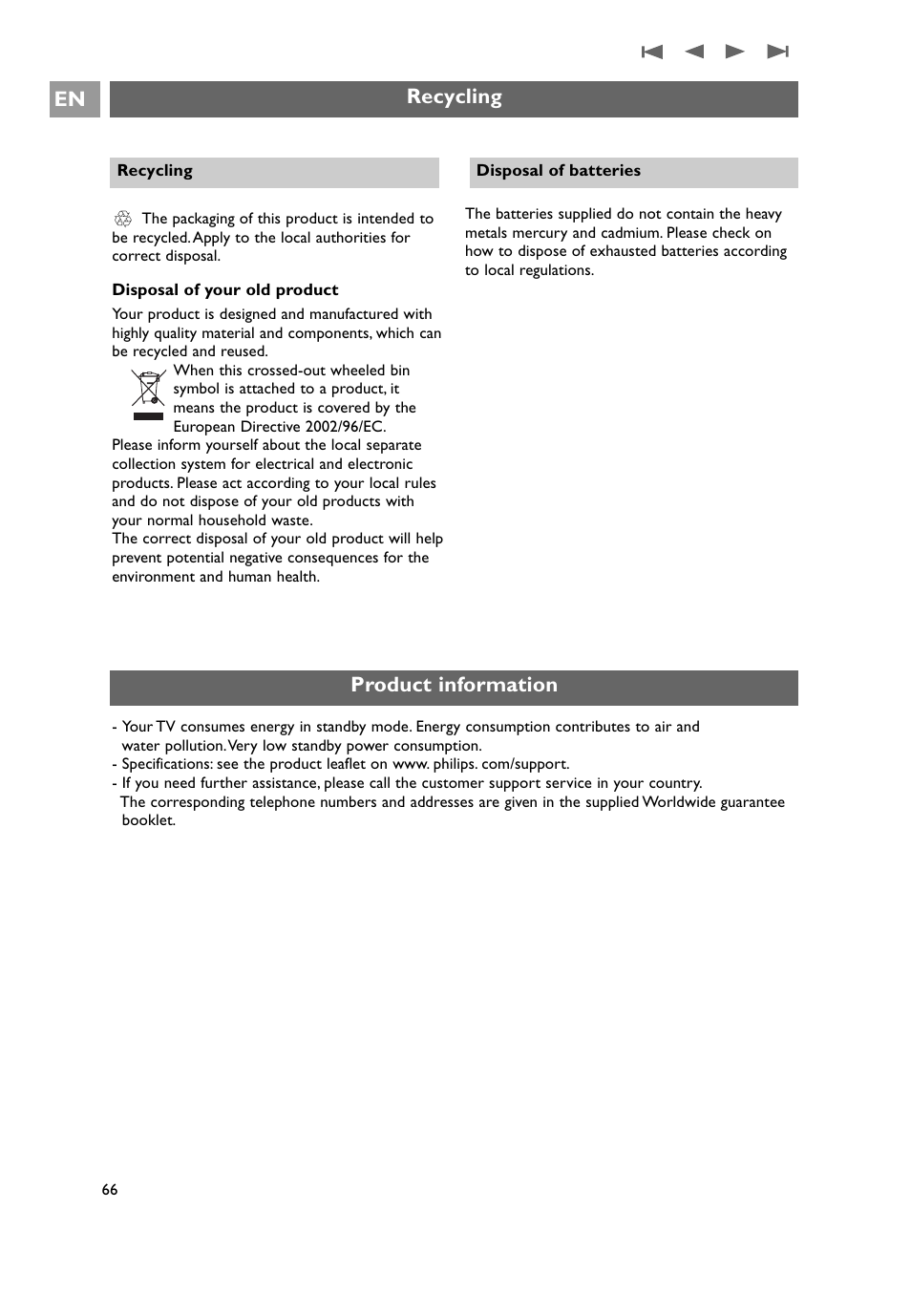 Recycling product information, Recycling, Product information | Philips 32PF9641D/10 User Manual | Page 66 / 66