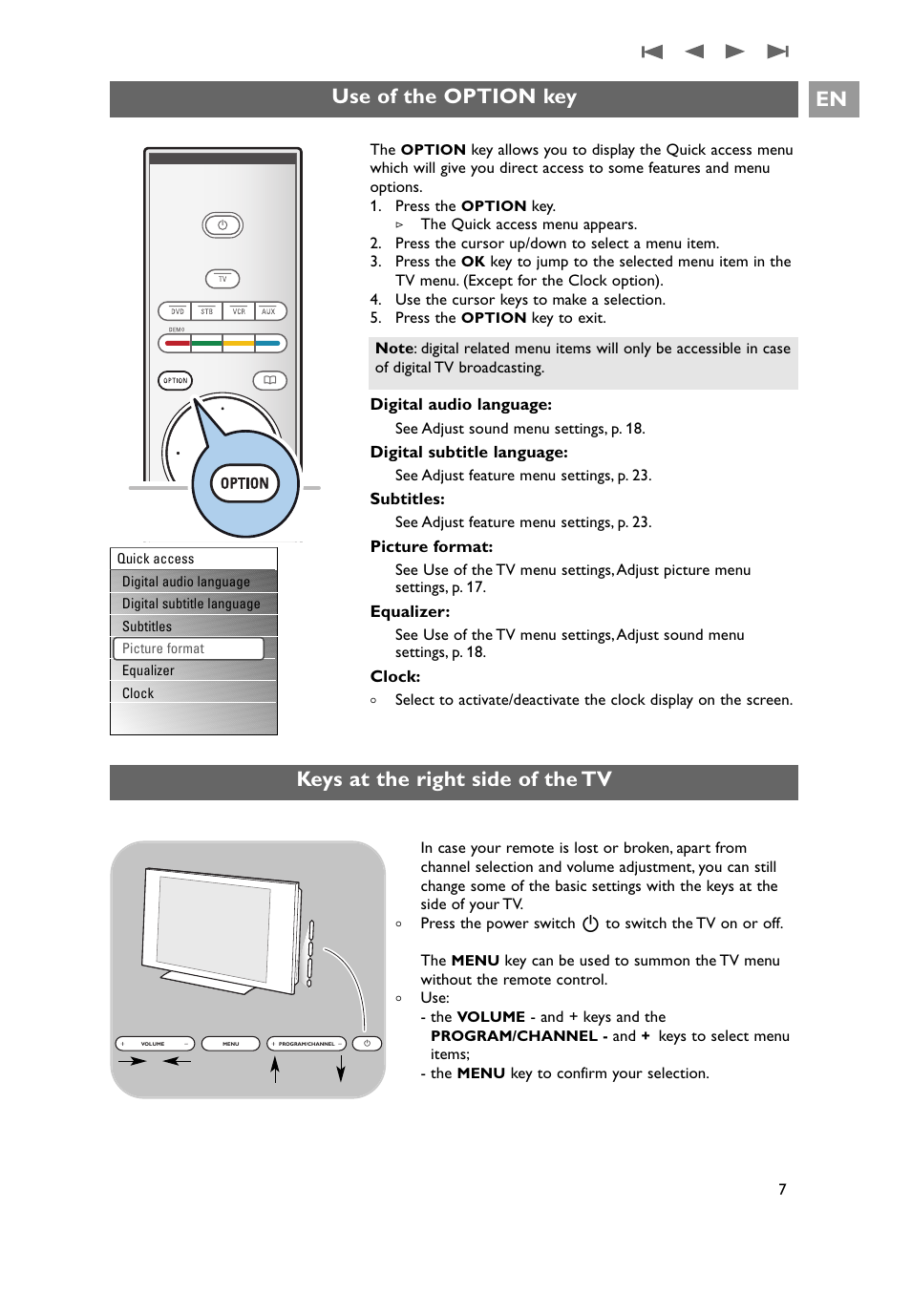 Use of the option key, Keys at the right side of the tv | Philips 32PF9641D/10 User Manual | Page 7 / 66