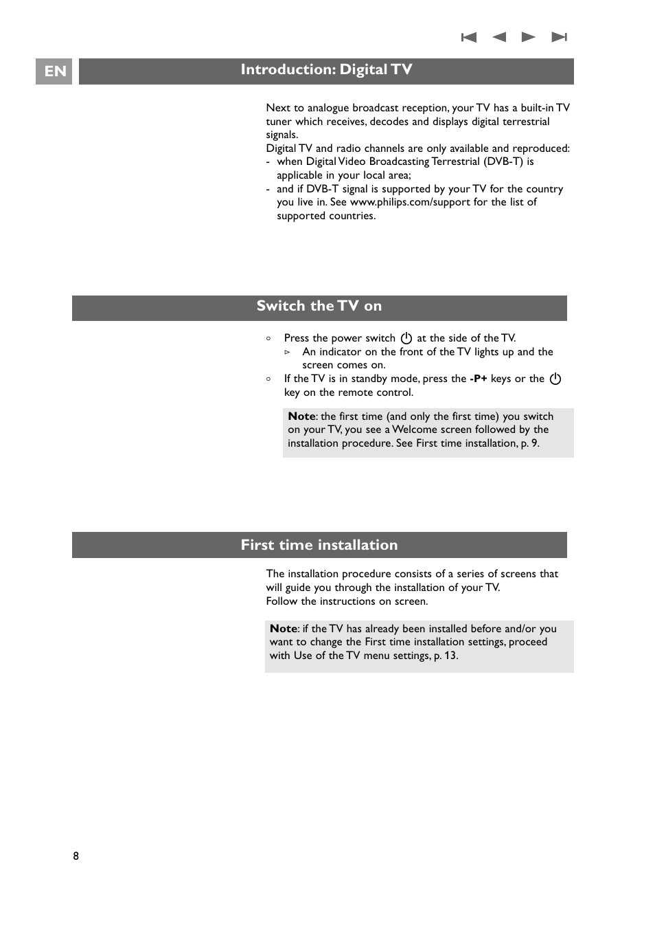 Introduction: digital tv switch the tv on, Introduction: digital tv en, Switch the tv on | First time installation | Philips 32PF9641D/10 User Manual | Page 8 / 66