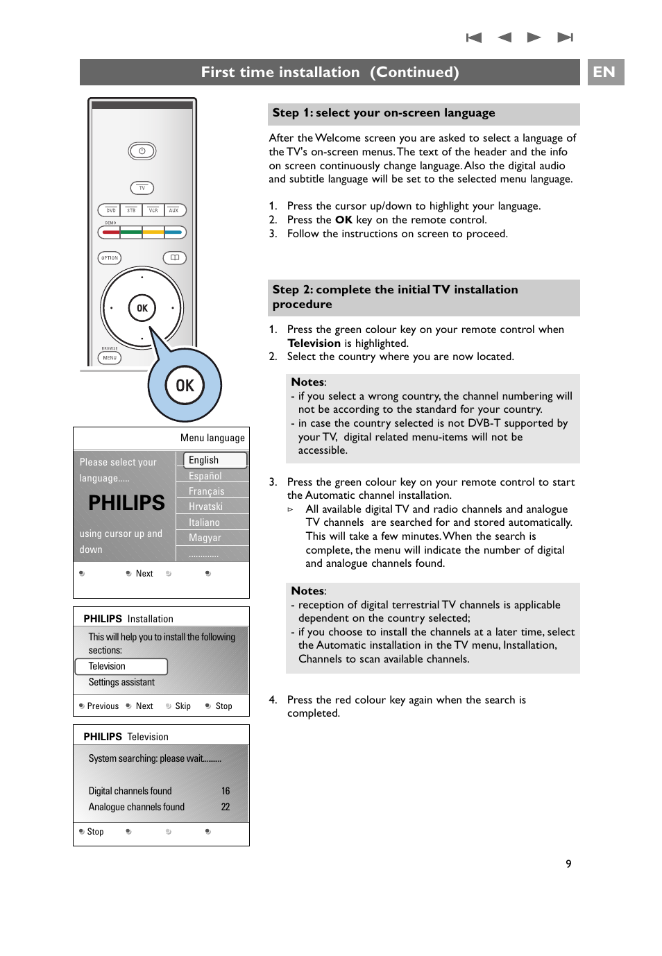 First time installation, Philips, First time installation (continued) | Philips 32PF9641D/10 User Manual | Page 9 / 66