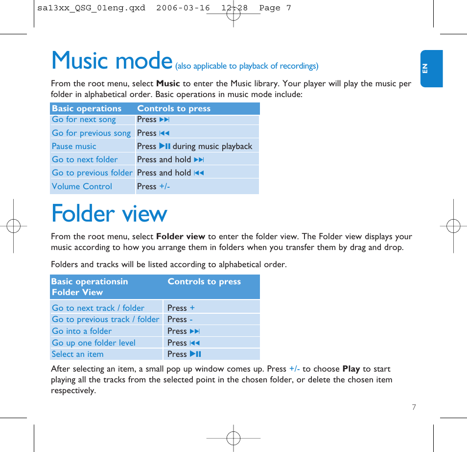 Music mode, Folder view | Philips GOGEAR AUDIO PLAYER SA1330 User Manual | Page 11 / 13