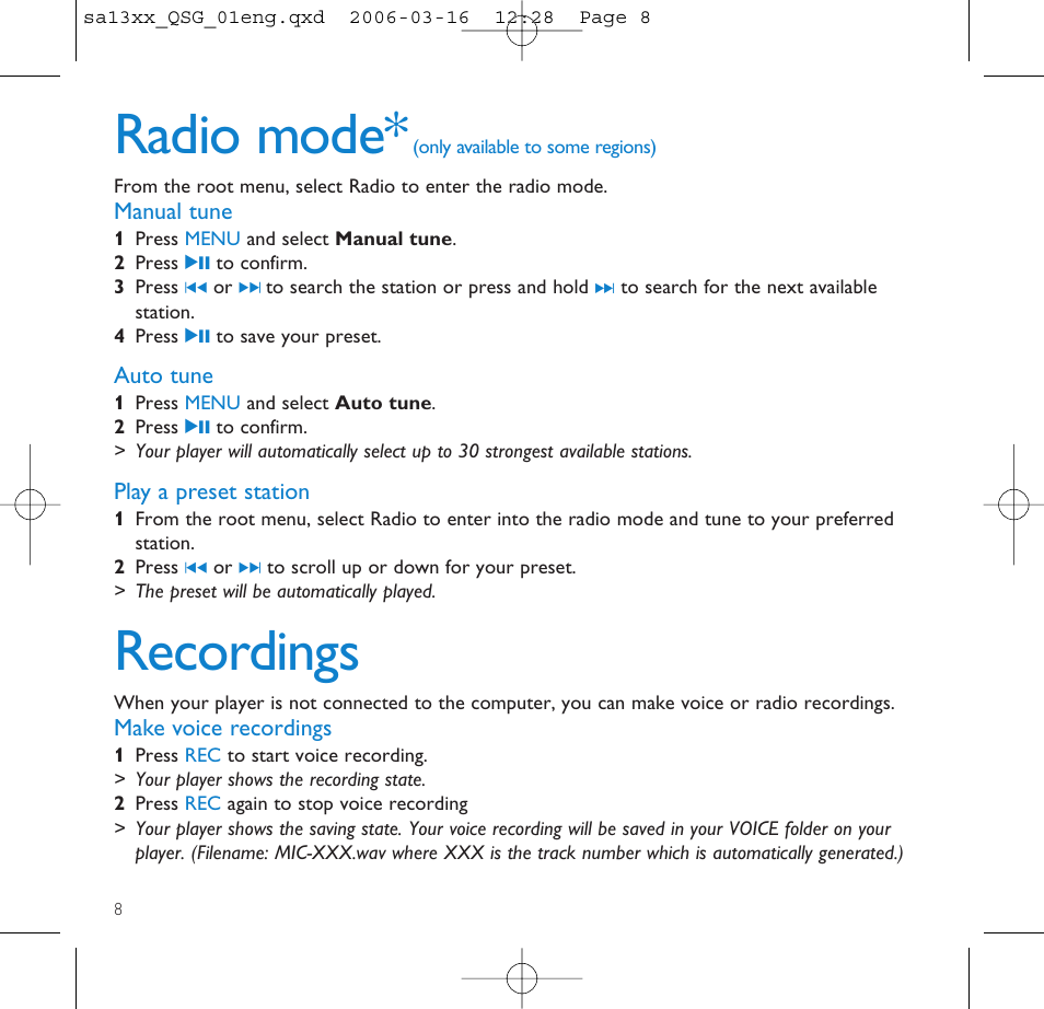 Radio mode, Manual tune, Auto tune | Play a preset station, Recordings, Make voice recordings | Philips GOGEAR AUDIO PLAYER SA1330 User Manual | Page 12 / 13