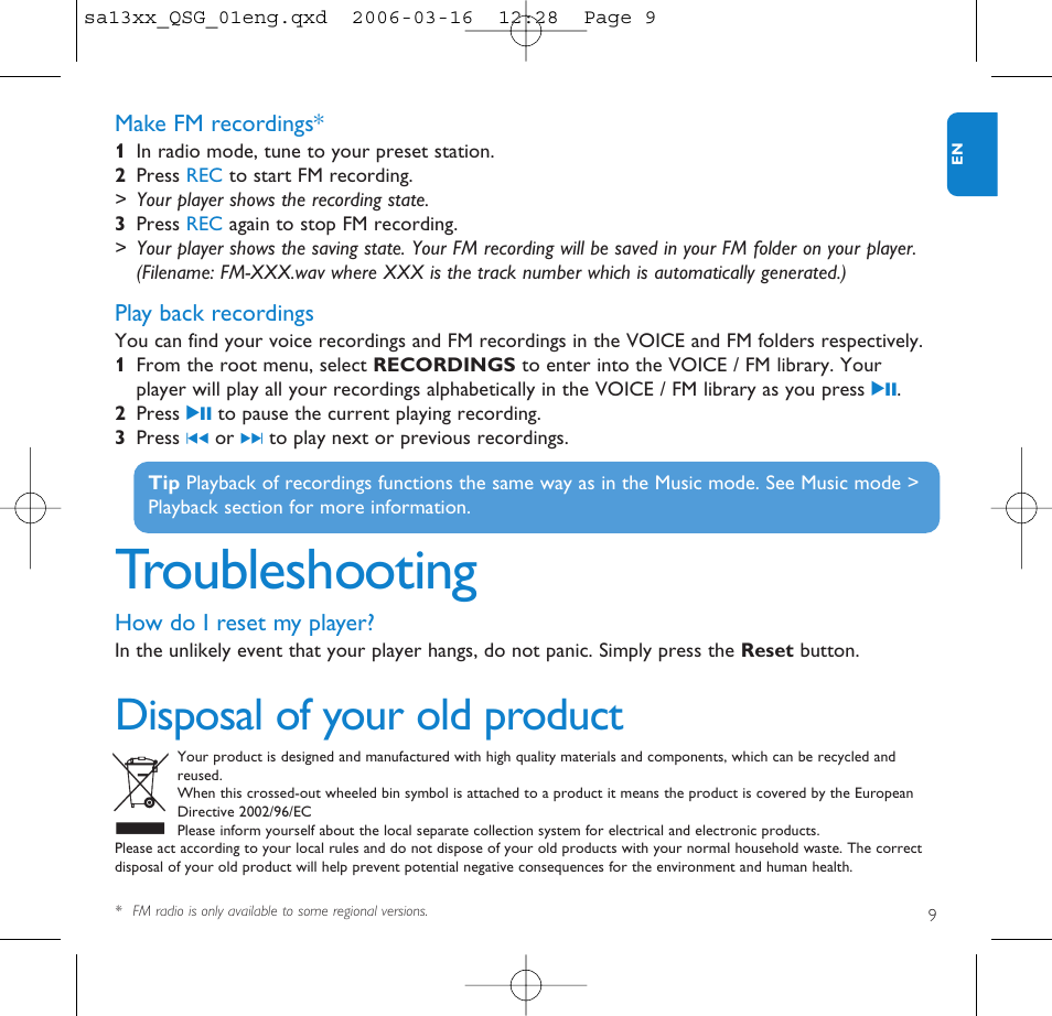 Make fm recordings, Play back recordings, Troubleshooting | How do i reset my player, Disposal of your old product | Philips GOGEAR AUDIO PLAYER SA1330 User Manual | Page 13 / 13