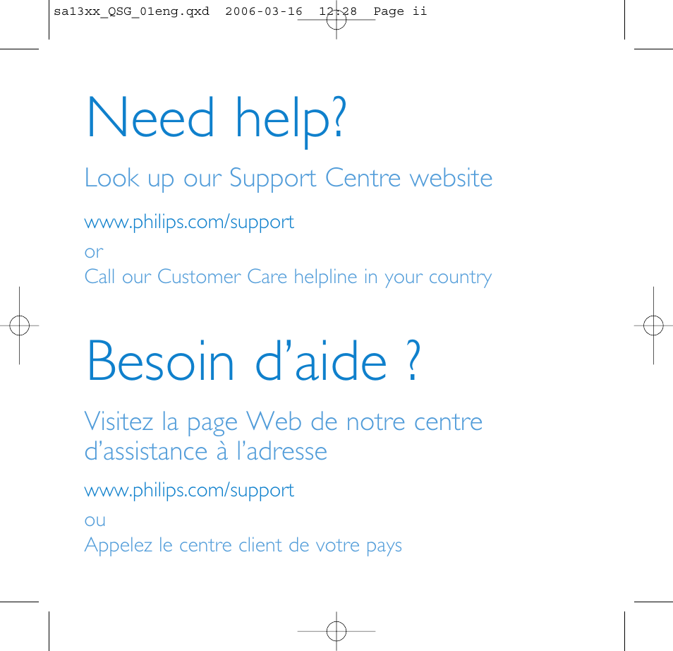 Need help, Besoin d’aide | Philips GOGEAR AUDIO PLAYER SA1330 User Manual | Page 2 / 13