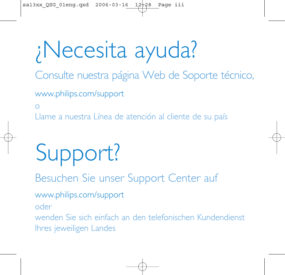 Necesita ayuda, Support | Philips GOGEAR AUDIO PLAYER SA1330 User Manual | Page 3 / 13