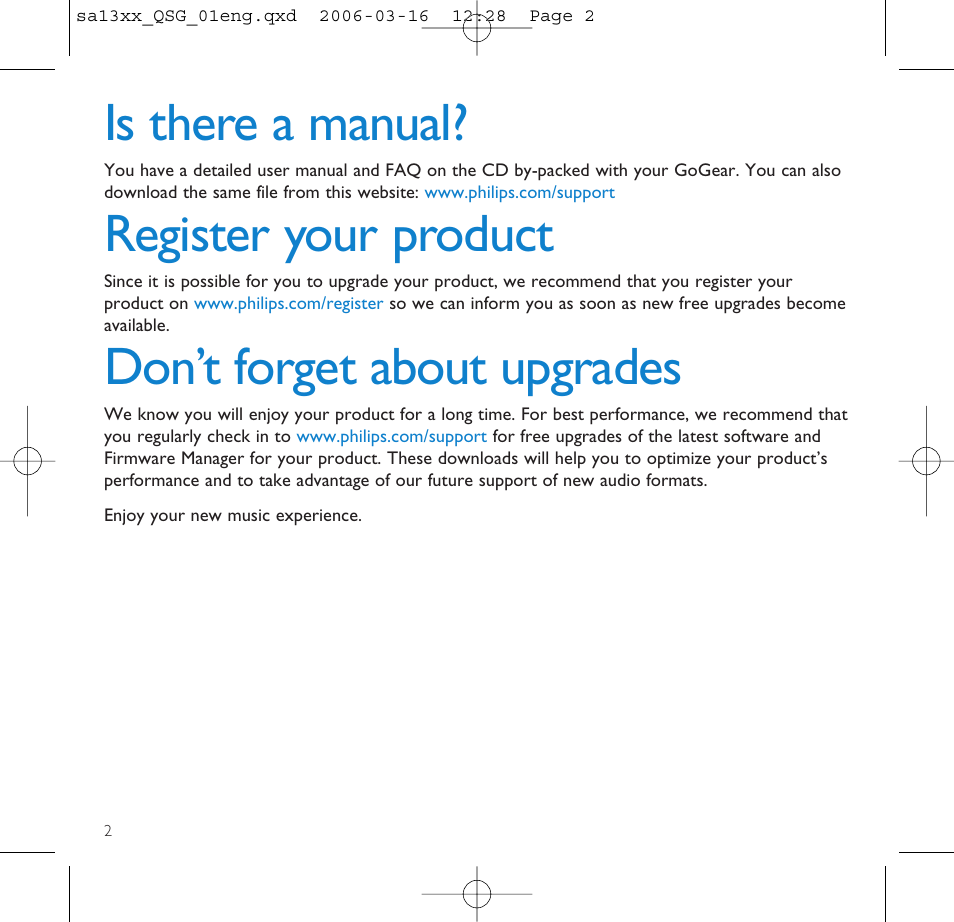 Is there a manual, Register your product, Don’t forget about upgrades | Philips GOGEAR AUDIO PLAYER SA1330 User Manual | Page 6 / 13