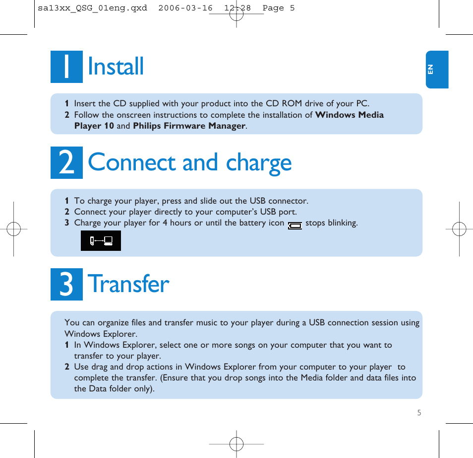 Install, Connect and charge, Transfer | Philips GOGEAR AUDIO PLAYER SA1330 User Manual | Page 9 / 13