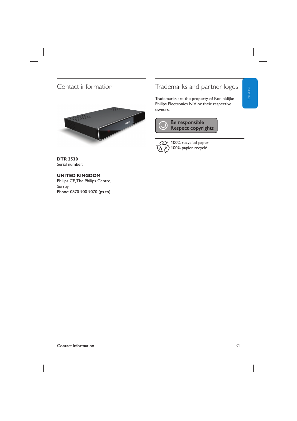 Contact information, Trademarks and partner logos | Philips DTR 2530/05 User Manual | Page 30 / 31