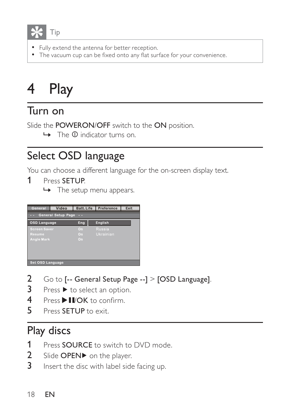 4 play, Turn on, Select osd language | Play discs | Philips PET748 User Manual | Page 17 / 25