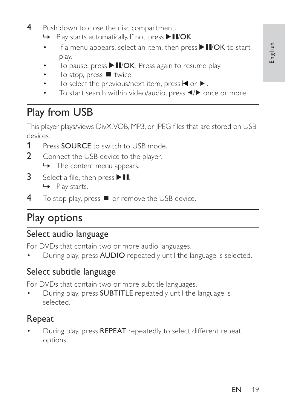 Play from usb, Play options, Select audio language | Select subtitle language, Repeat | Philips PET748 User Manual | Page 18 / 25