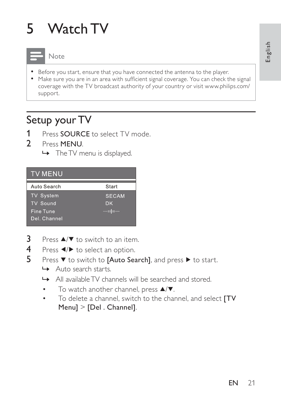 5 watch tv, Setup your tv | Philips PET748 User Manual | Page 20 / 25