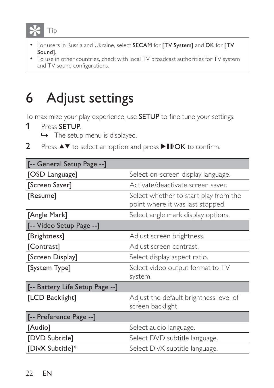 6 adjust settings | Philips PET748 User Manual | Page 21 / 25