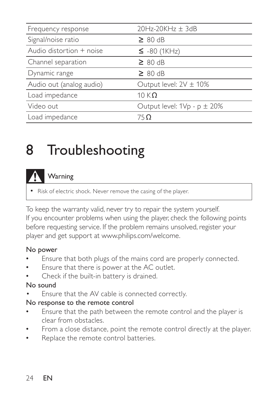 8 troubleshooting | Philips PET748 User Manual | Page 23 / 25