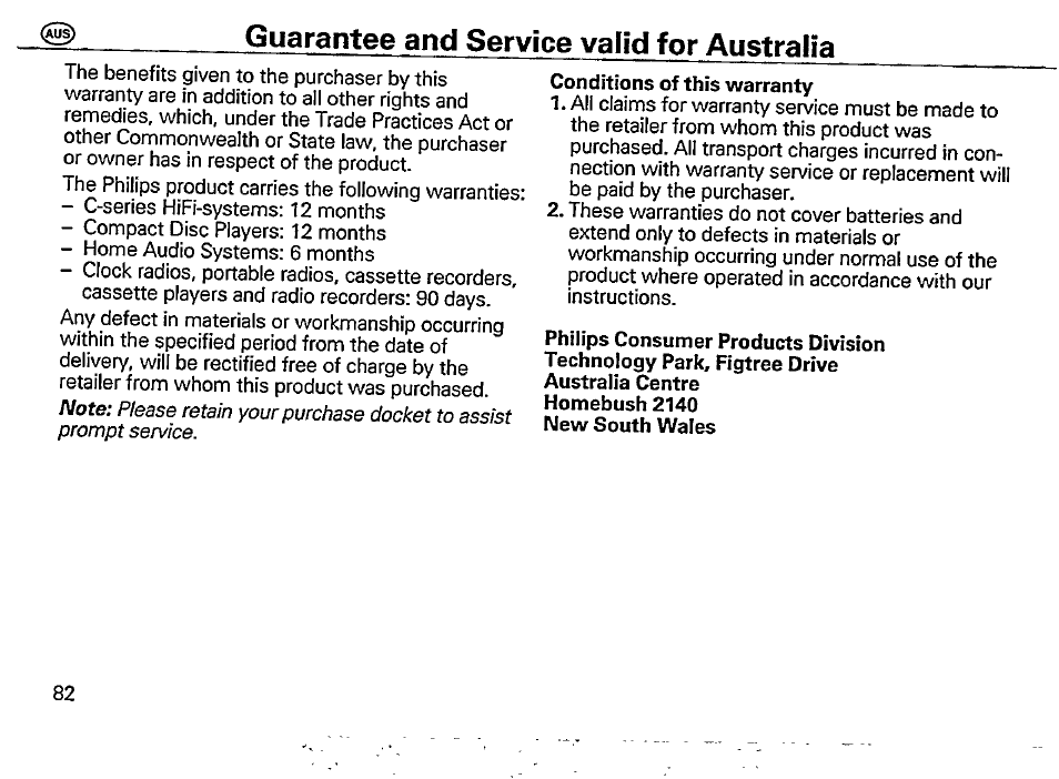 Conditions of this warranty, Guarantee and service valid for australia | Philips AQ 6549/00 User Manual | Page 11 / 16