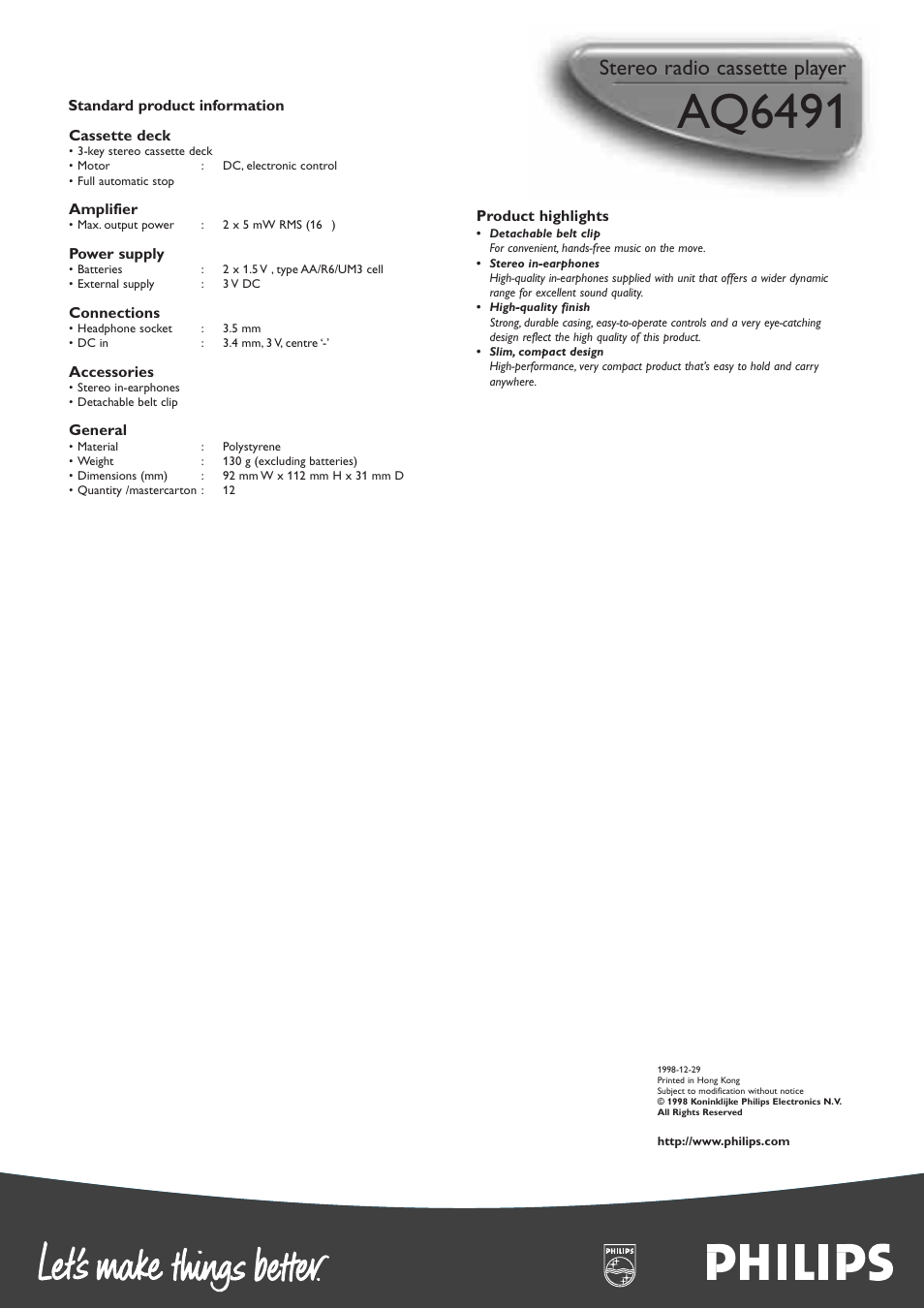 Aq6491, Stereo radio cassette player | Philips AQ6491/17 User Manual | Page 2 / 2