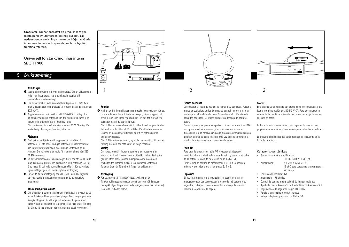 Bruksanvisning s, Universell förstärkt inomhusantenn sbc tt900 | Philips SBC TT900 User Manual | Page 11 / 14