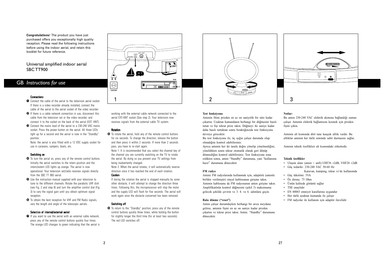 Instructions for use, Universal amplified indoor aerial sbc tt900 | Philips SBC TT900 User Manual | Page 2 / 14