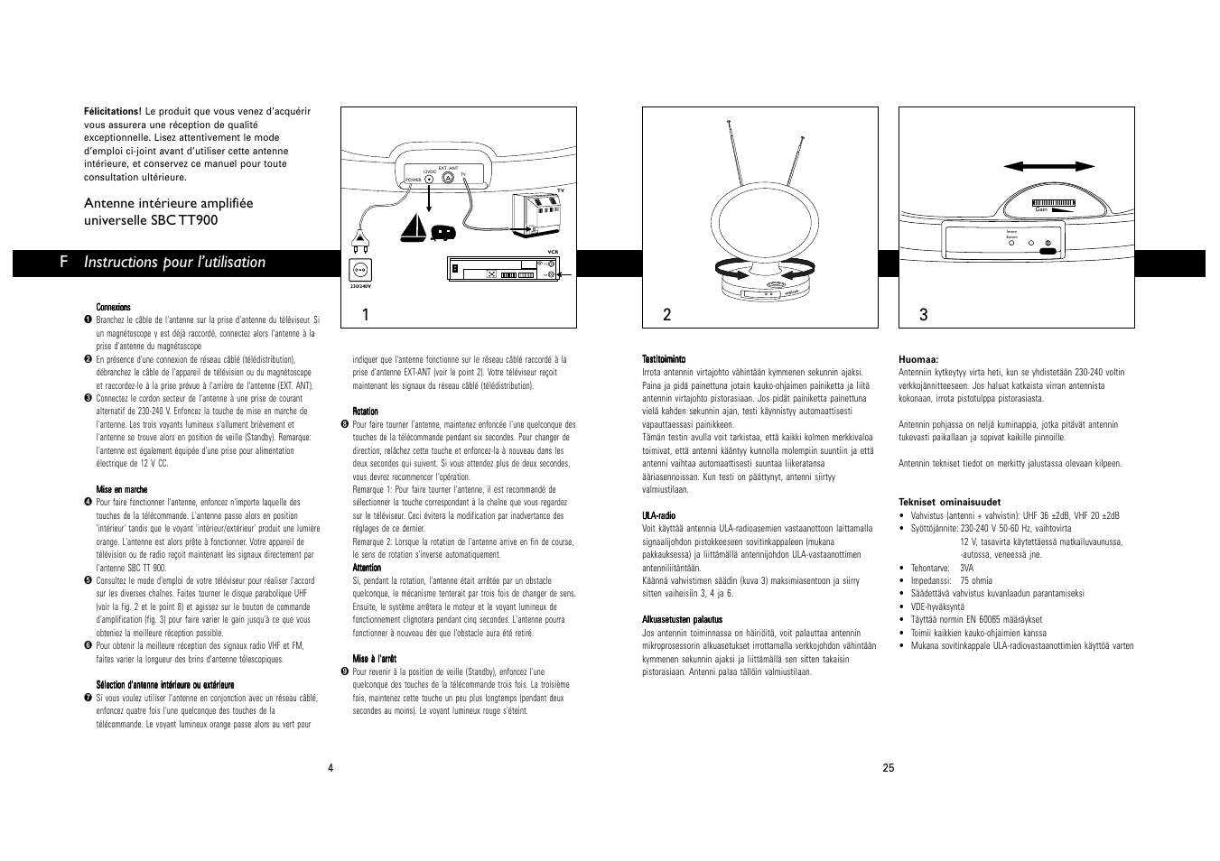 Finstructions pour l’utilisation, Antenne intérieure amplifiée universelle sbc tt900 | Philips SBC TT900 User Manual | Page 4 / 14