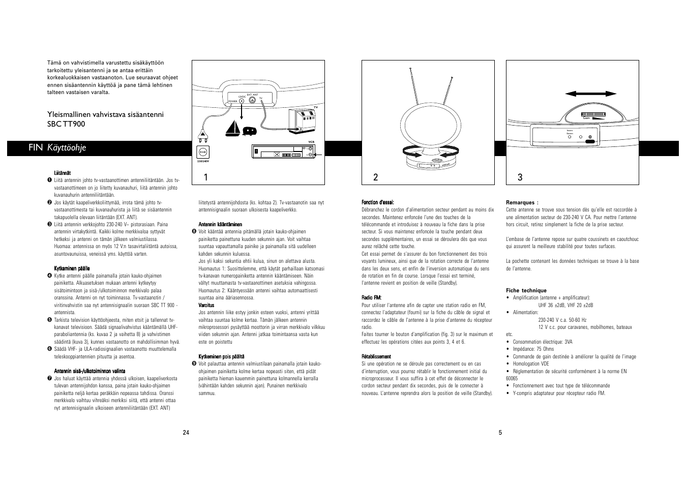 Käyttöohje, Yleismallinen vahvistava sisäantenni sbc tt900 | Philips SBC TT900 User Manual | Page 5 / 14