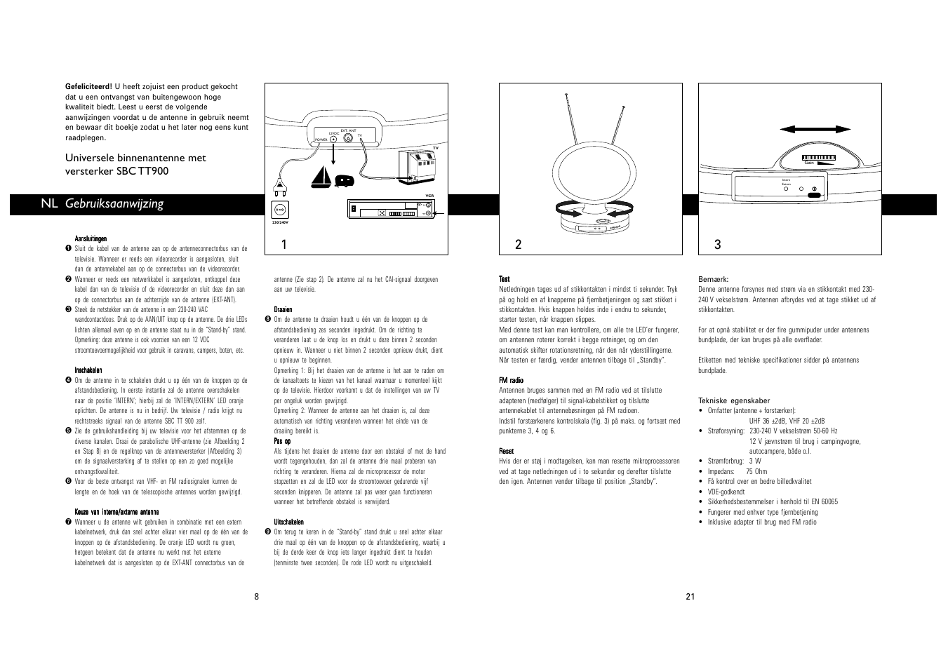 Gebruiksaanwijzing, Universele binnenantenne met versterker sbc tt900 | Philips SBC TT900 User Manual | Page 8 / 14