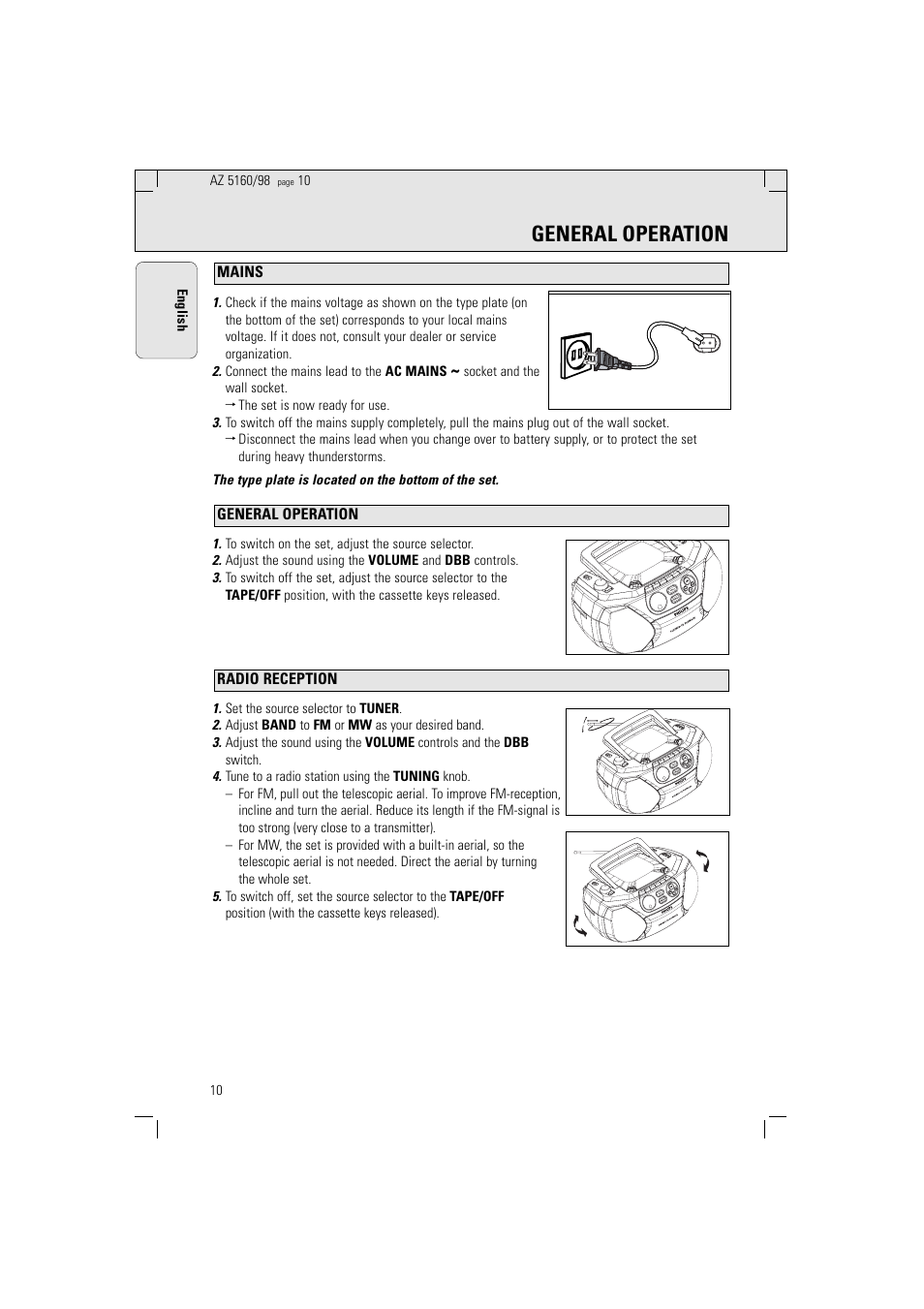 General operation | Philips AZ5160 User Manual | Page 10 / 22