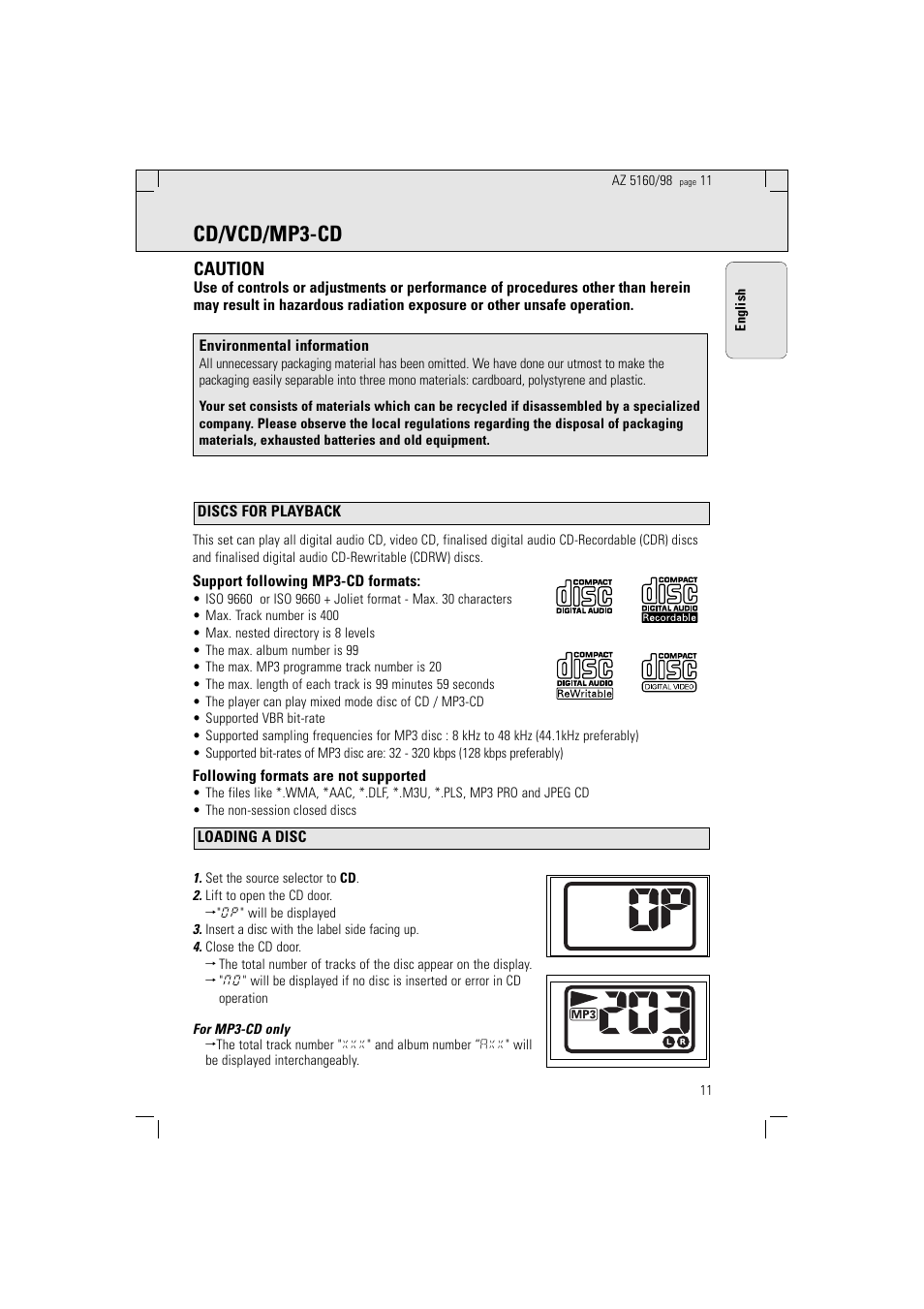 Cd/vcd/mp3-cd, Caution | Philips AZ5160 User Manual | Page 11 / 22