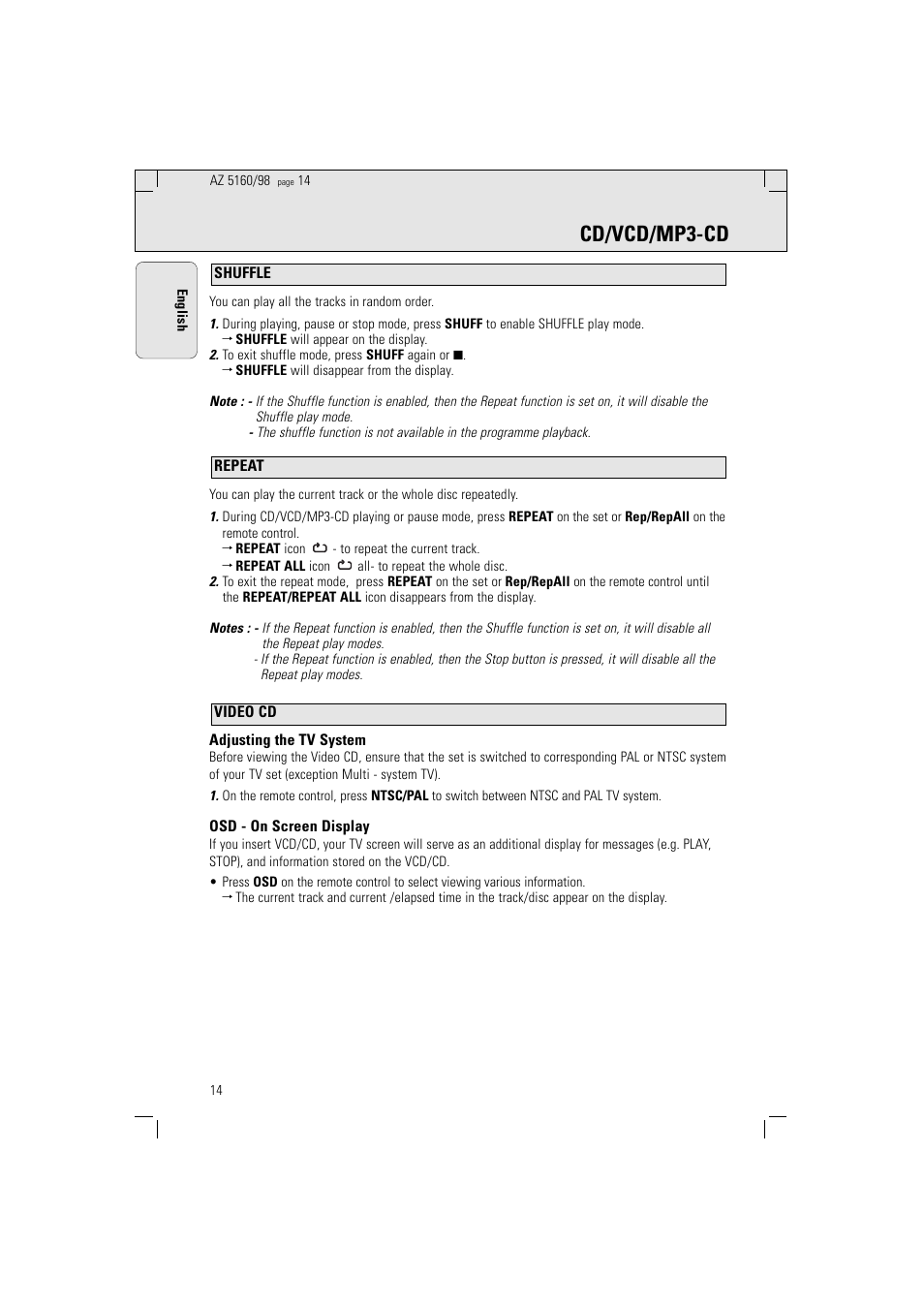Cd/vcd/mp3-cd | Philips AZ5160 User Manual | Page 14 / 22