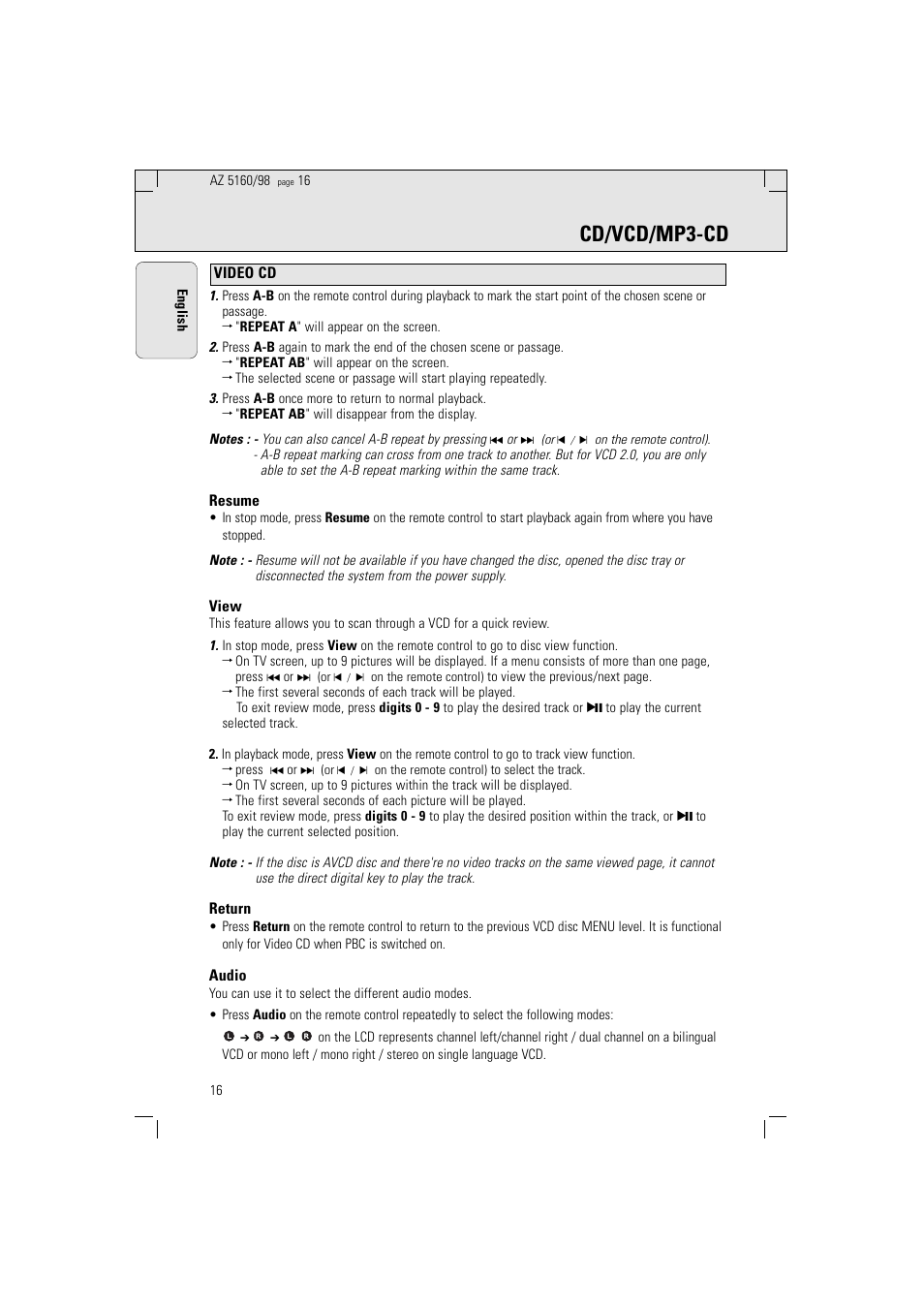 Cd/vcd/mp3-cd | Philips AZ5160 User Manual | Page 16 / 22
