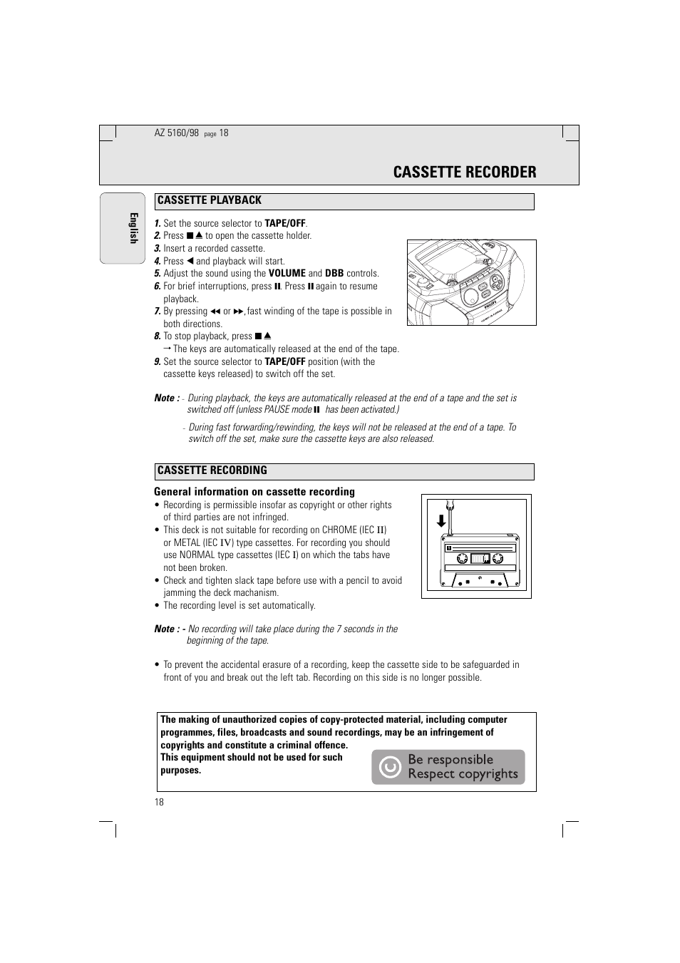 Cassette recorder | Philips AZ5160 User Manual | Page 18 / 22