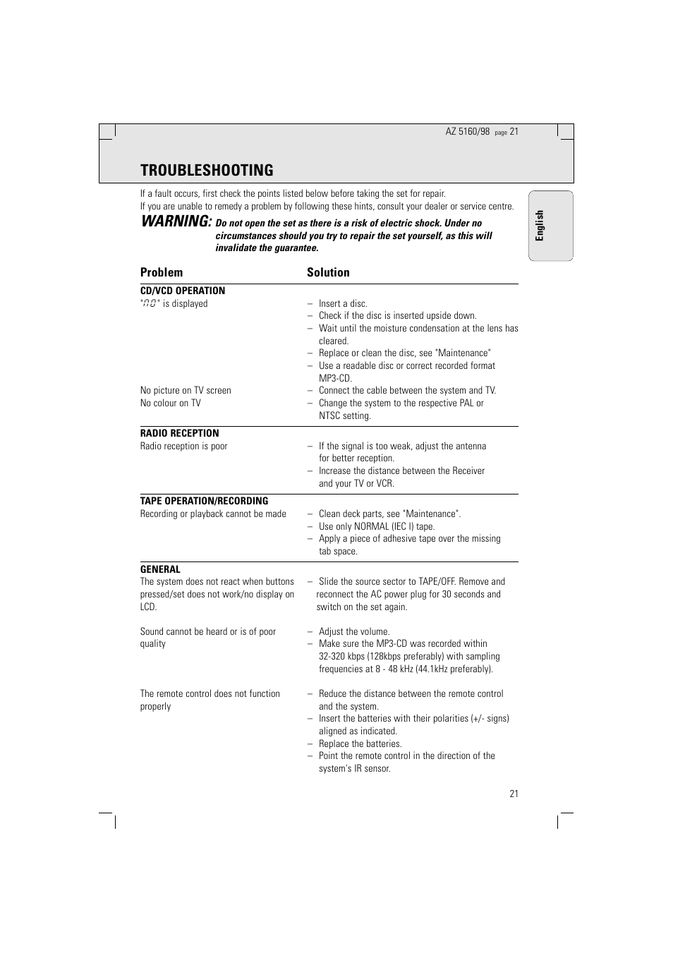 Troubleshooting, Warning | Philips AZ5160 User Manual | Page 21 / 22