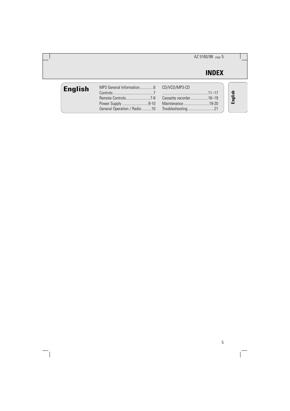 Index english | Philips AZ5160 User Manual | Page 5 / 22