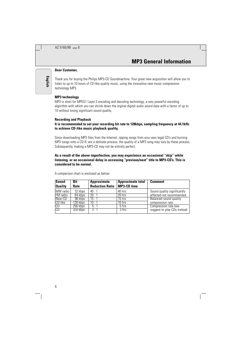 Mp3 general information | Philips AZ5160 User Manual | Page 6 / 22