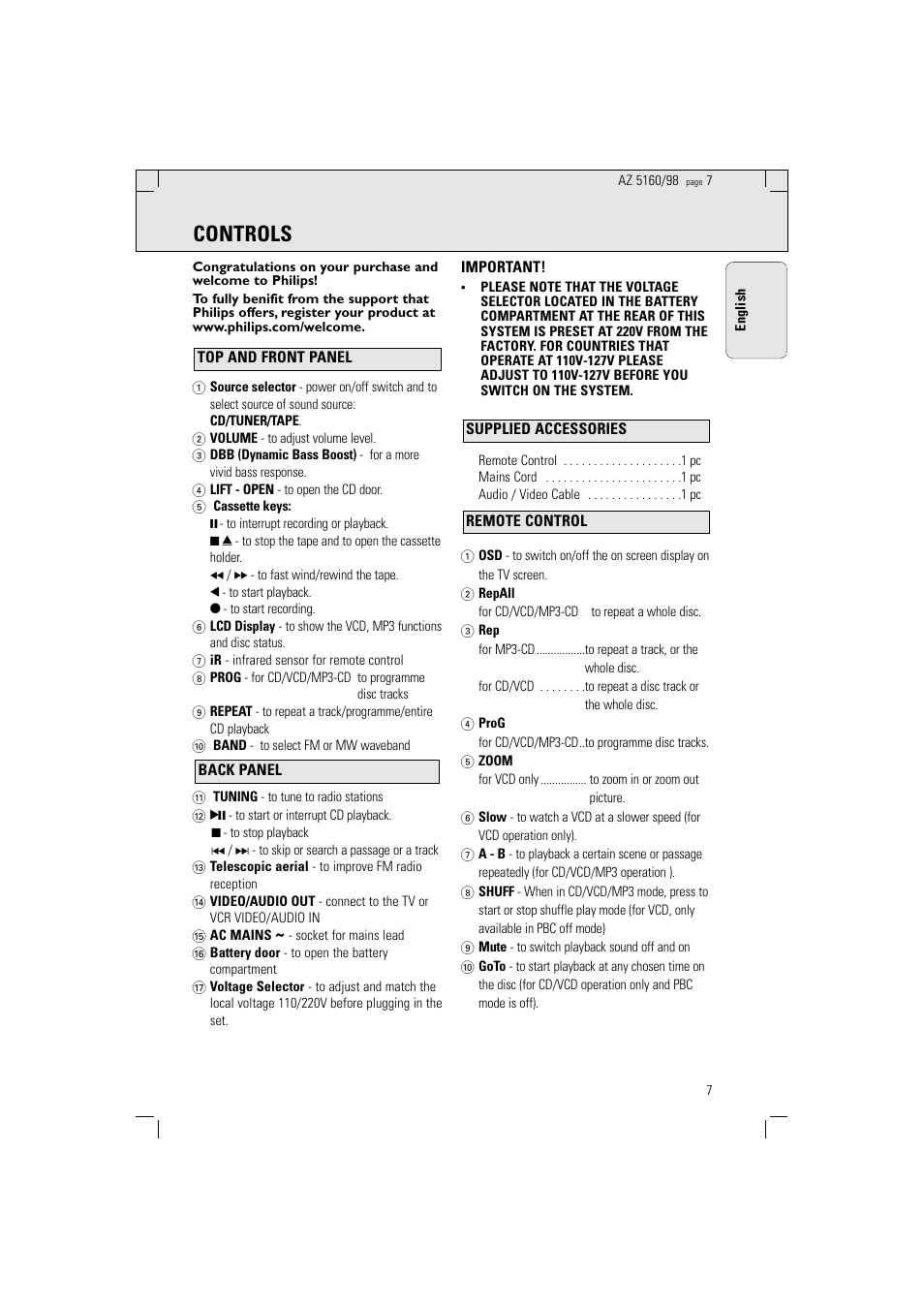 Controls | Philips AZ5160 User Manual | Page 7 / 22