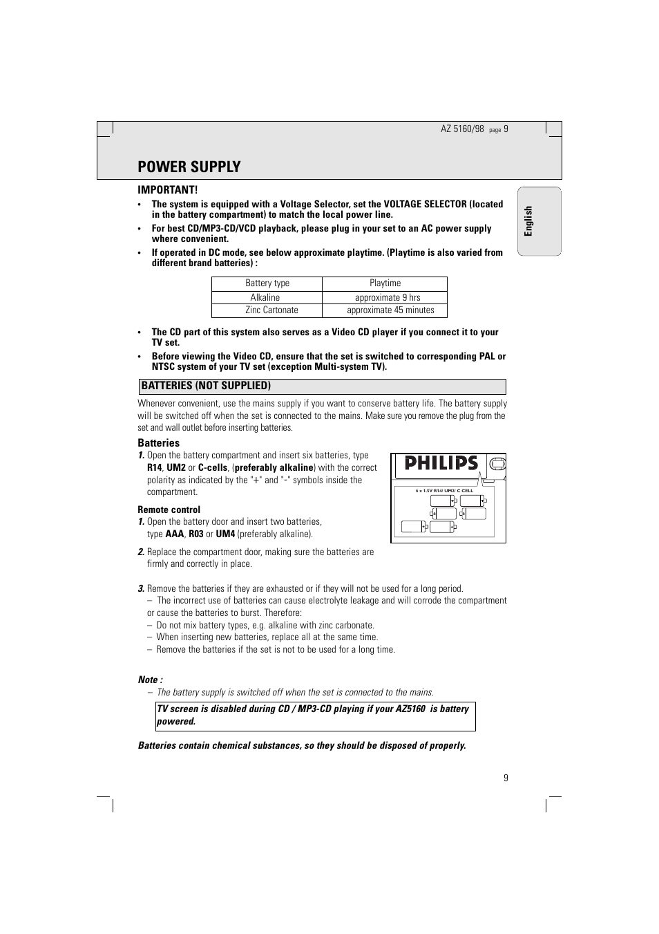 Power supply | Philips AZ5160 User Manual | Page 9 / 22