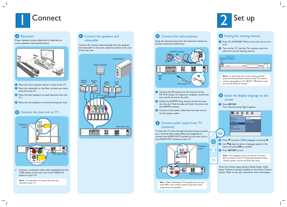 Connect, Set up, Speakers am/ mw | Video in (cvbs), Speakers am/ mw audio out audio in, Audio out | Philips HTS3000 User Manual | Page 2 / 2