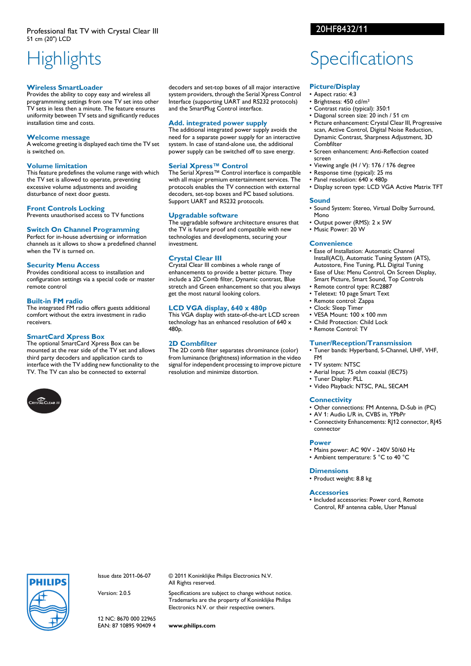 Highlights, Specifications | Philips 20HF8432 User Manual | Page 2 / 2