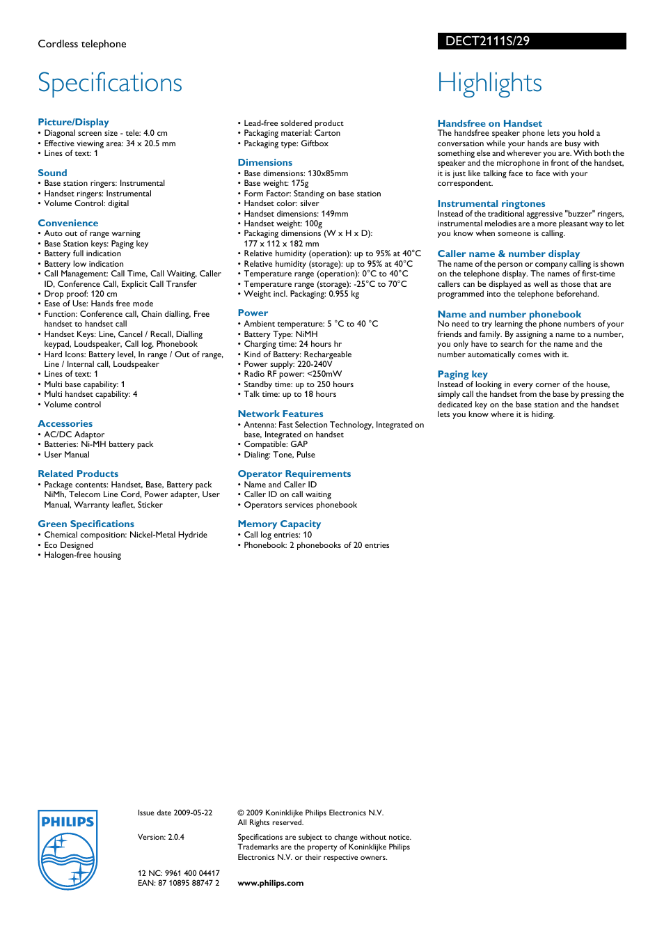 Specifications, Highlights | Philips DECT2111S  EN User Manual | Page 2 / 2
