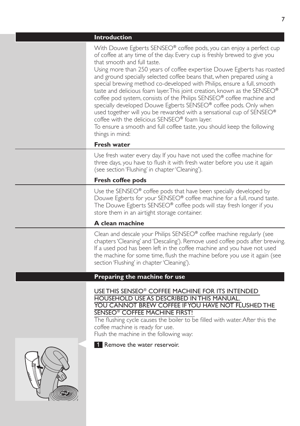 Important, Preparing the machine for use | Philips HD7826 User Manual | Page 7 / 20