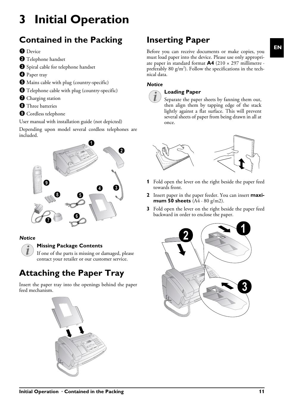 3 initial operation, Contained in the packing, Attaching the paper tray | Inserting paper | Philips PPF685 User Manual | Page 11 / 64