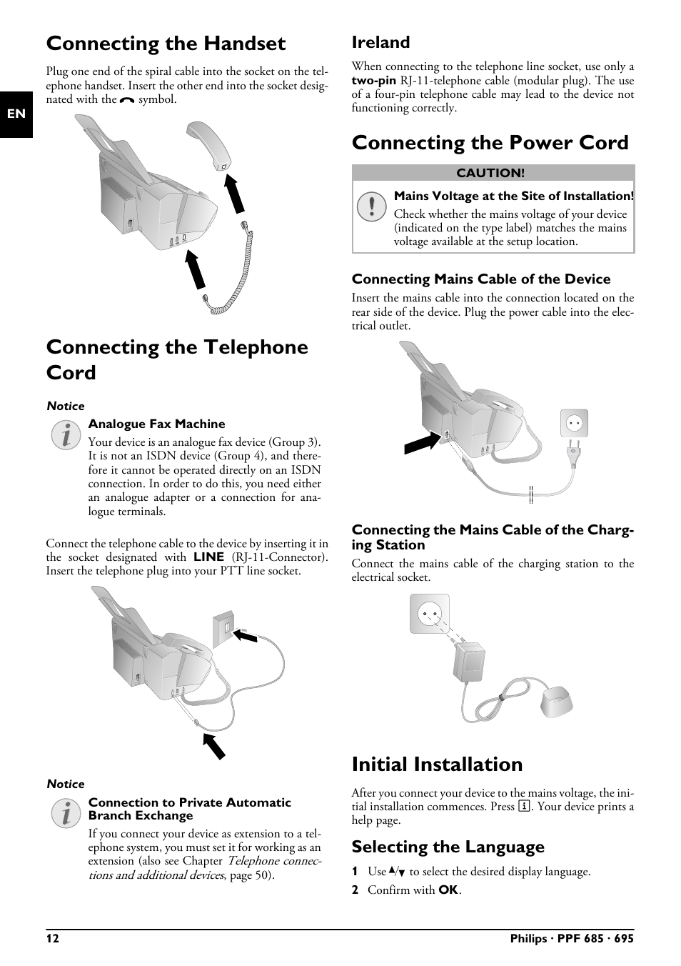 Connecting the handset, Connecting the telephone cord, Ireland | Connecting the power cord, Initial installation, Selecting the language, Connecting mains cable of the device | Philips PPF685 User Manual | Page 12 / 64