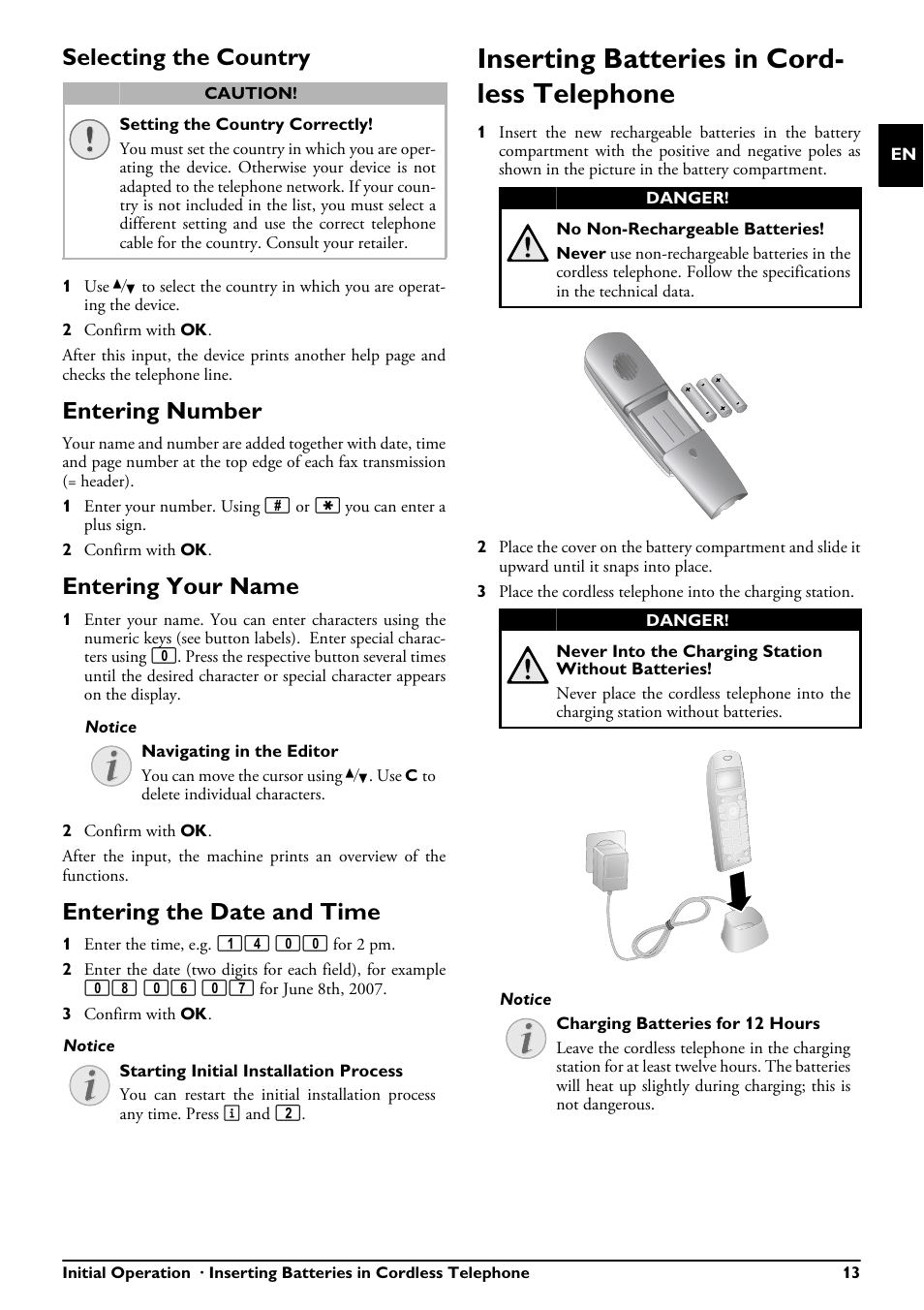 Selecting the country, Entering number, Entering your name | Entering the date and time, Inserting batteries in cordless telephone, Inserting batteries in cord- less telephone | Philips PPF685 User Manual | Page 13 / 64