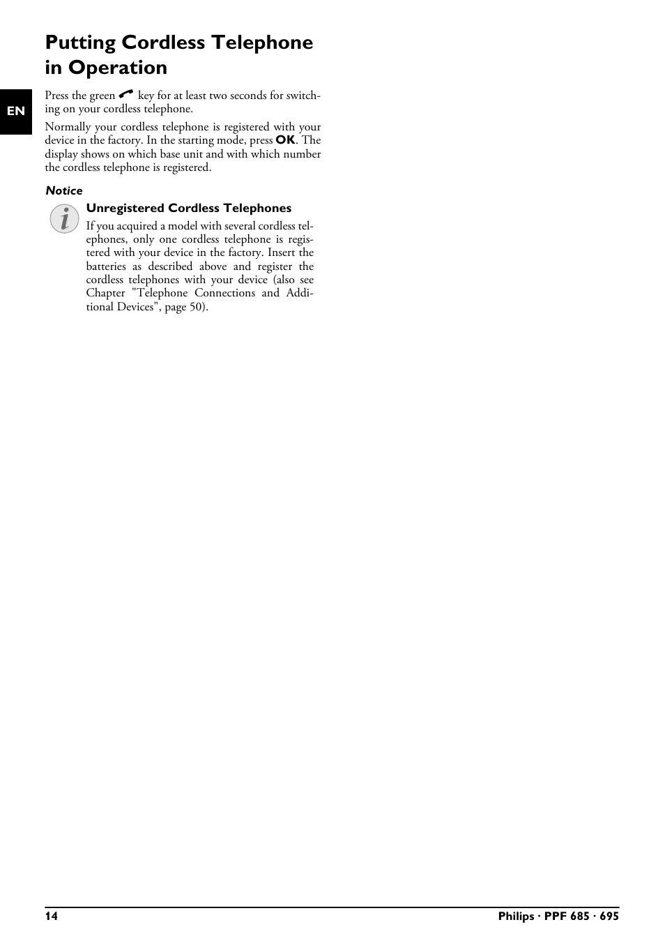 Putting cordless telephone in operation | Philips PPF685 User Manual | Page 14 / 64