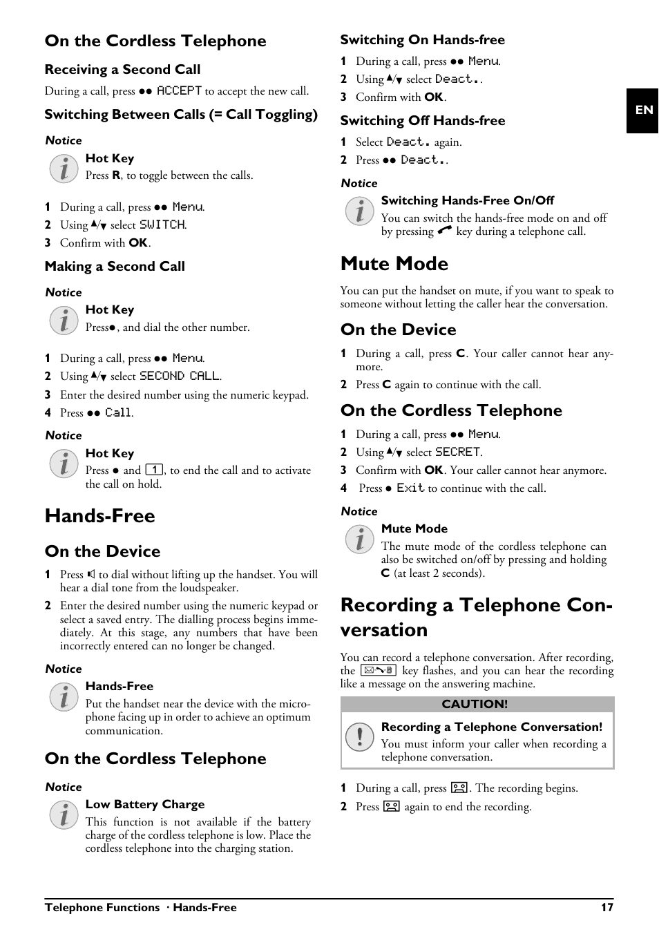 On the cordless telephone, Hands-free, On the device | Mute mode, Recording a telephone conversation, Recording a telephone con- versation | Philips PPF685 User Manual | Page 17 / 64