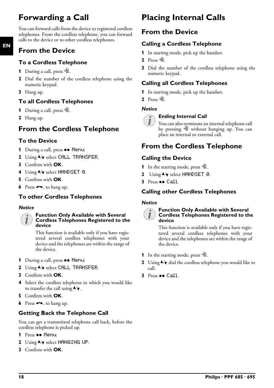 Forwarding a call, From the device, From the cordless telephone | Placing internal calls, Forwarding a call placing internal calls | Philips PPF685 User Manual | Page 18 / 64